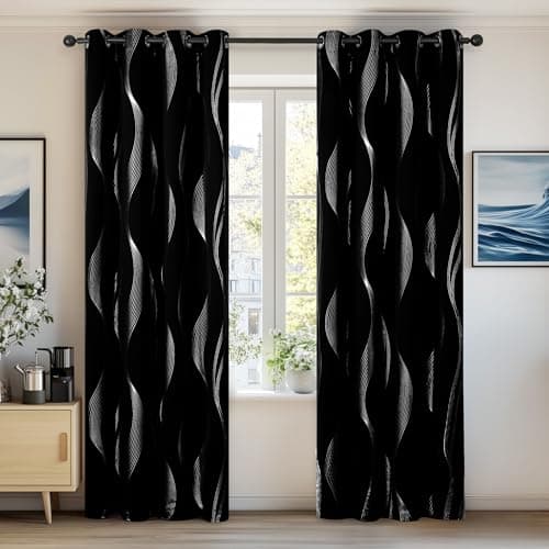 Image of Deconovo Bedroom Eyelet Curtains Thermal Insulated Noise Reducing Silver Wave Line Foil Printed Blackout Curtains for Livingroom 52x84 Inch Black 2 Panels