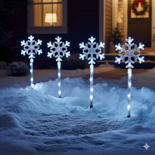 Image of Taylor & Brown Set of 4 Snowflake Christmas Tree Path Finder Stake Lights Pathway Markers 40 LED Outdoor Garden Lawn Festive Xmas Decoration Mains Powered