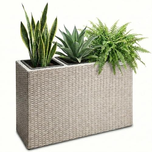 Image of CASARIA® Large Tall Rattan Flower Pot Planter | 3 Removable Inner Plant Pots With Water Drain | Poly Rattan Trough Flower Box Planters Outdoor Garden | 83x30.5x60 cm | Cream