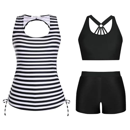 Image of JASAMBAC Women's Plus Size Tankini Swimwear for Tankini Swimming Costume 3 Piece Modest Swimsuit Bikini Top with High-Waisted Swim Shorts Tummy Control Swimsuits Bathing Suits Drawstring Beachwear