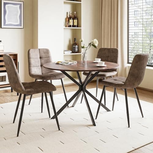 Image of Luxstein Round Dining Table and Chairs Set 4, 100cm Dark Wood Folding Table with 4 Brown Upholstered PU Leather Chairs for Dining Room, Kitchen