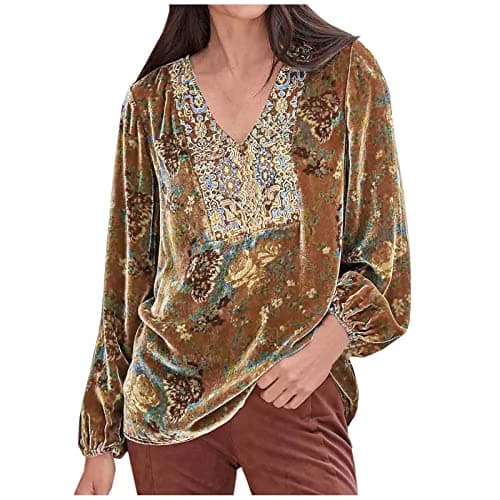Image of Woman's Shirts UK Sale Elegant Velvet Tops V Neck Long Sleeve Blouses Retro Floral Print Shirts Plus Size Lantern Sleeve Patchwork Tops Size 8-22 Party Wear