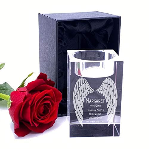 Image of Personalised Crystal Glass Memorial Tea Light Candle Holder Guardian Angel Wings