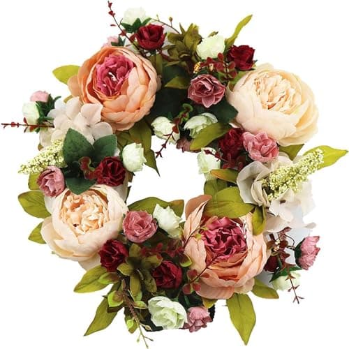 Image of SogYupk Door Wreaths, 30CM Artificial Peony Flower Front Door Wreath for Spring Summer, All Seasons Floral Door Wreath for Farmhouse Office Home Wedding Party Decoration
