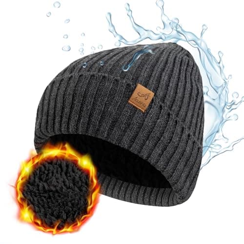 Image of ACUSHLA Waterproof Windproof Cuff Beanie Winter Hat Stretchy Soft Cuffed Wooly Beanie with Thermal Thick Fleece Lining, Gifts for Men/Women/Her/Him/Dad, Dark Grey