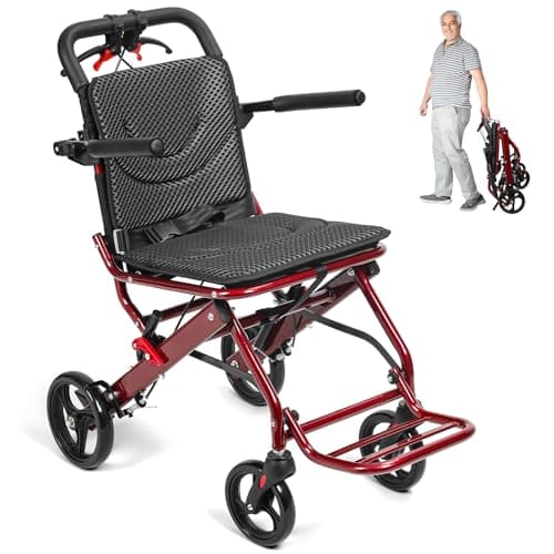 Image of Portable Folding Transport Wheelchair, Lightweight Travel Wheelchair for Seniors with Wider Seat, Telescopic Handle, 12" Rear Wheels & Safety Belt, Supports 120kg (16'' Red)