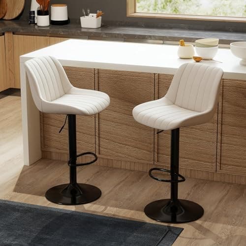 Image of Youhauchair Bar Stools Set of 2, Swivel Counter Height Barstools with Back, Adjustable PU Leather Bar Stool, Modern Kitchen Breakfast Bar Stools, Beige