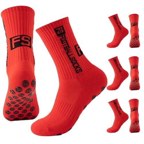 Image of FANSEZQ 3 Pairs Football Grip Socks, Football Socks, For Men/Women- Grip Socks Football With Anti Slip Tech (Red)
