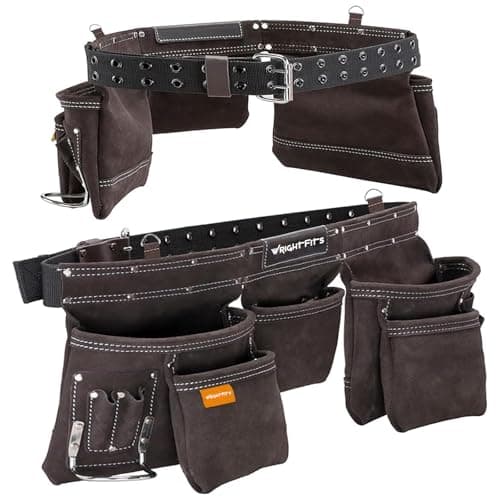 Image of WrightFits Leather Tool Belt for Men – 9 Pocket Heavy Duty Tool Pouch Apron, Double-Stitched Work Belt with Adjustable Waist & Hammer Loop for Electricians, Carpenters & Construction