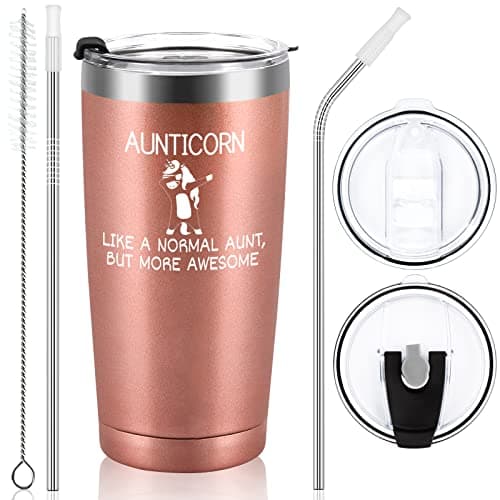 Image of Livole Auntie Birthday Gifts, Christmas Gifts for Auntie, Awesome Aunt Gift from Niece and Nephew, 20oz Double Wall Vacuum Insulated Stemless Wine Tumbler with Straw and Lid, Coffee Mug, Rose Gold