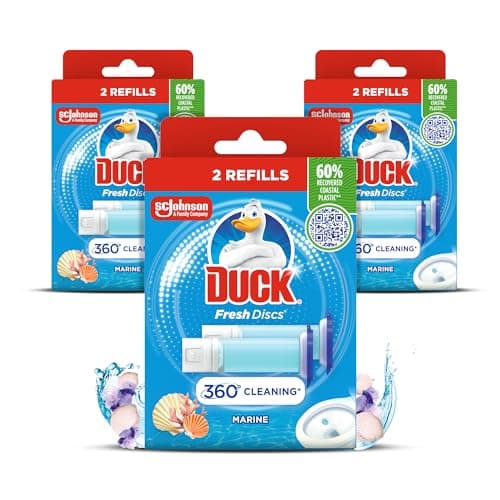 Image of Duck Fresh Discs Toilet Cleaner Refill Twin Pack, Fights Stains That Harbour Germs, Prevents Limescale Build Up, Marine Fragrance, Pack of 3 (Total of 6 Refill Tubes)