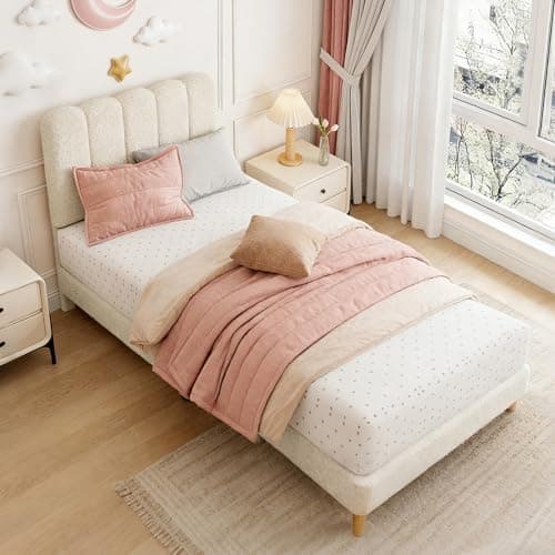 Image of Aptliton 3ft Single Bed Frame 90x190 cm, Bouclé Upholstered Bed with Adjustable Petal Wave Headboard, Sturdy Wooden Slats, Noise-Free Kids Single Bed with Underbed Storage, Cream Beige