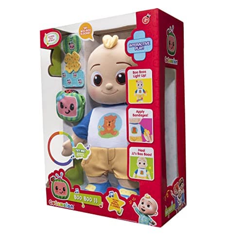 Image of CoComelon Official Boo Boo JJ Feature Plush - Boo Boo Areas Light Up (Head, Elbow, Knee, Foot) - Help Heal JJ’s Boo Boo’s with Bandages