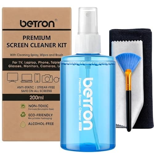 Image of Betron Screen Cleaner Spray for LCD LED OLED TV, Smartphone, iPad, Laptop, Touchscreen, Computer Monitor, Cleaning Kit with Microfiber Wipes and Brush 200ml