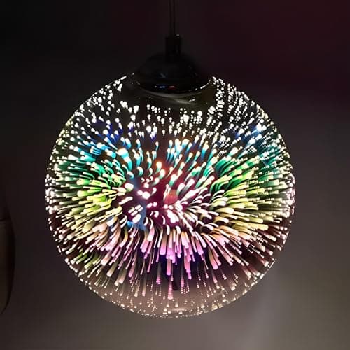 Image of KRUIHAN 3D Firework Light Glass Pendant Light Shade Hanging Ceiling Lights E27 Base Coloured Chandelier for Bedroom,Living Room,Kitchen,25CM(Silver)