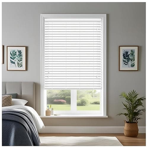 Image of J.Din Made to Measure Blinds Faux Wood Venetian Blinds with String 50MM Slats Easy Fit Windows Treatments Blind (White, 225cm Width x 213cm Drop)