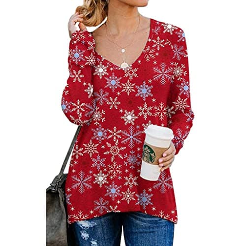 Image of Womens Christmas Snowflake Top Long Sleeve V Neck T Shirt Ladies Casual Loose Blouse Star Print Tunic Winter Jumper Tops UK (Red, 2XL)