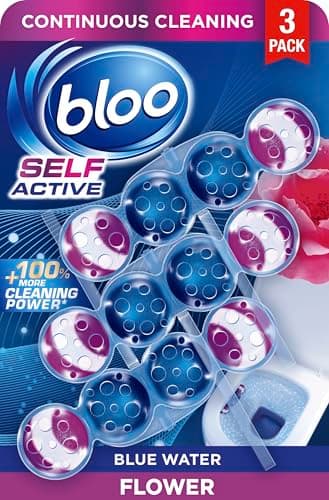 Image of Bloo Self Active Toilet Rim Block and Bowl Cleaner with Flower. Hanging Toilet Bowl Cleaner Rim Block with 100% More Cleaning Power. 3 Pack