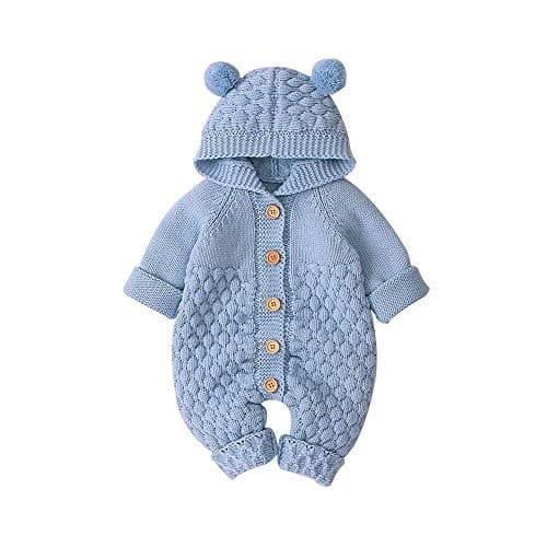 Image of VICROAD Baby Hooded Knitted Rompers Newborn Girls Boys Onesies Warm Sweater Jumpsuit Outfits, Blue, 3-6 Months/66 cm