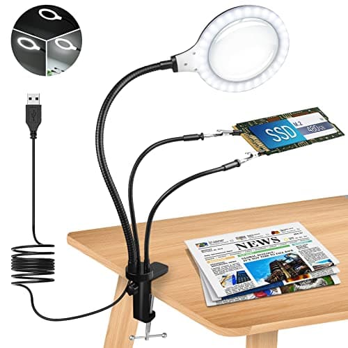 Image of Magnifying Glass with Light and stand 3x Helping Hands soldering Magnifying Lamp with 28 Dimmable LED,Soldering Hand 3 Helping Arms Illuminated Reading Magnifier for Crafts,Reading,Sewing,Hobbies