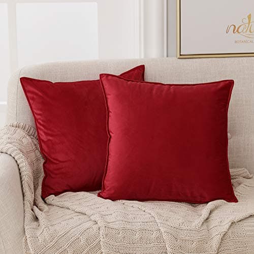 Image of Deconovo Set of 2 Home Decoration Square Crushed Velvet Cushion Covers 40cm x 40cm 16x16 Inches Throw Pillow Cases Flanges Cushion Covers for Christmas with Invisible Zipper Red