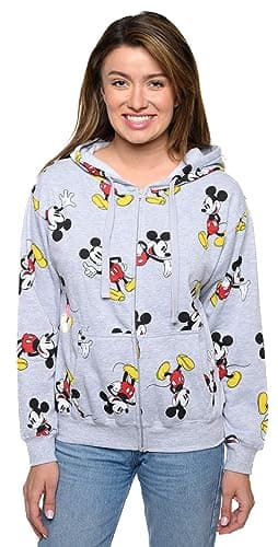 Image of Disney Womens Hoodie Mickey Mouse All Over Print Zip Up (Heather Grey, Medium)