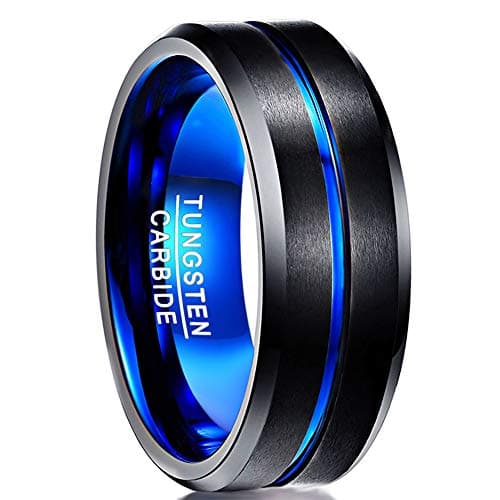 Image of NUNCAD Men's Rings 8mm Black Blue Tungsten Wedding Ring for Men Two-Tone Simple Band Ring with Groove Beveled Edges Size Z