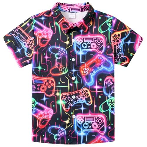 Image of Fanient Boys Short Sleeve Shirts Neon Game Print Cool Shirts Casual Wear T-Shirts for Teenager 13-14 Years,XL