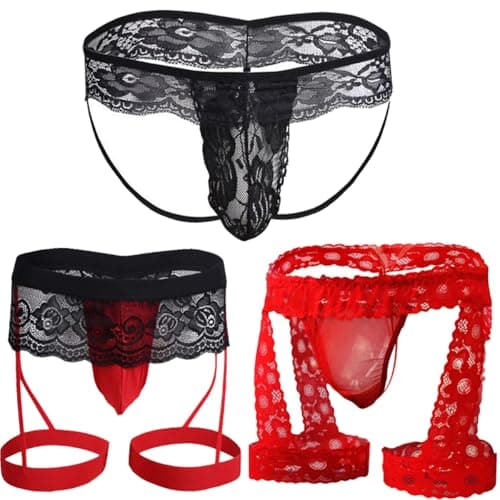 Image of Anzhee Men's Jockstrap Sexy Lace Jock Strap Underwear Athletic Thong Supporter Sports Thong for Men Briefs G-String Tanga Underpants Male 3 Pack Black & Red