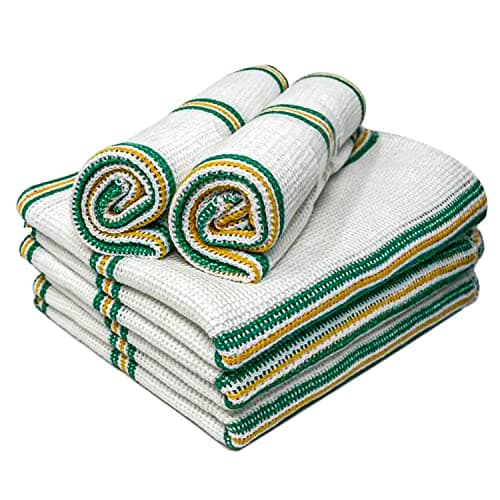 Image of Towelogy® 5 Pack Cotton Dish Cloths Waffle Weave White Super Absorbent LINT FREE QUICK DRY Striped Kitchen Tea Towels Dishcloths for Washing Up Machine Washable 35x40cm (White Green/Yellow Stripes)