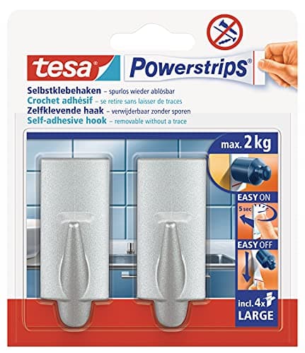 Image of tesa UK Powerstrips Large Hooks with Removable Adhesive Strips Rectangle - Chrome, 2 Hooks, (58055-00004-03)