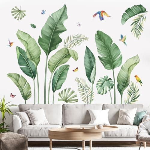 Image of decalmile Tropical Palm Leaves Wall Decals Nature Banana Leaf Green Plants Birds Wall Art Stickers Living Room Sofa TV Background Wall Decor