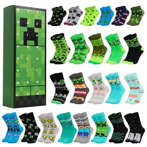 Image of Minecraft Advent Calendar 2025 for Kids and Teens 24 Pairs of Calf Socks Christmas Countdown Calendar Creeper Xmas Surprise Gifts for Gamers