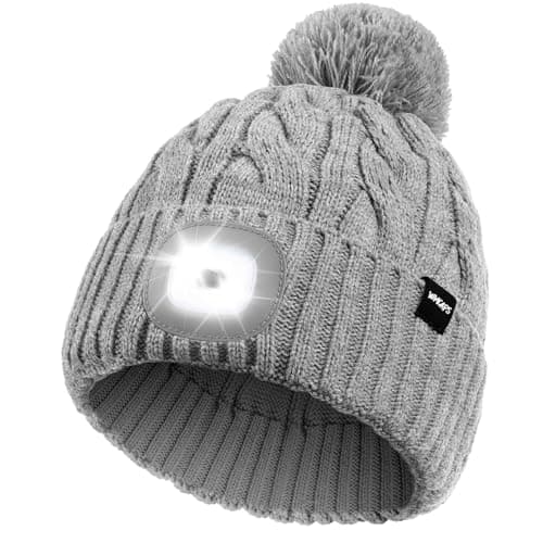 Image of Wmcaps LED Beanie, Hat with a Light Built in Type-c Rechargeable Running Hat Ultra Bright 4 LED Light Hands Freely Head Torch Gifts for Dad Mum in Christmas Unisex Winter Warm Knit Beanie, Grey
