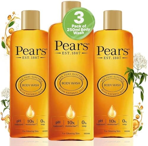 Image of Pears Pure & Gentle Body Wash - Soap-free Cleanser - Nourishing Gel with 98% Pure Glycerin & Natural Oils - for Glowing Skin 10x More Moisturiser - Beauty Bath for Moisturising Care - 250ml (3 Pack)