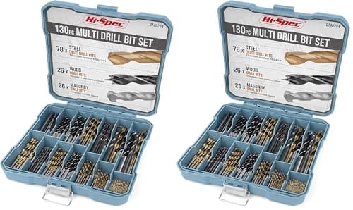 Image of Hi-Spec 130pc Mixed Multi Drill Bit Set. 1 to 10mm HSS Titanium Coated, Masonry & Brad Point Steel Bits for Metal, Woods, Plastics, Brick and Concrete. Complete in a Box Case (Pack of 2)