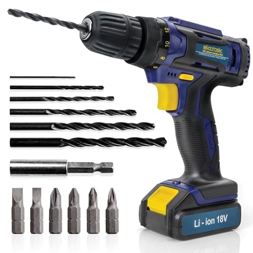 Image of Skotek Cordless Drill Driver 18V Lithium-Ion, 13Pc Electric Screwdriver Set, LED Work Light, Electric Drill Quick Change Power Drill Battery and Charger Included