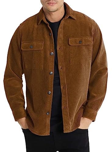 Image of Elegancity Mens Corduroy Shirts Long Sleeve Button Down Shacket Casual Overshirts Coats Trucker Autumn Winter Overshirts Coats with Pockets (Grey, 2XL)