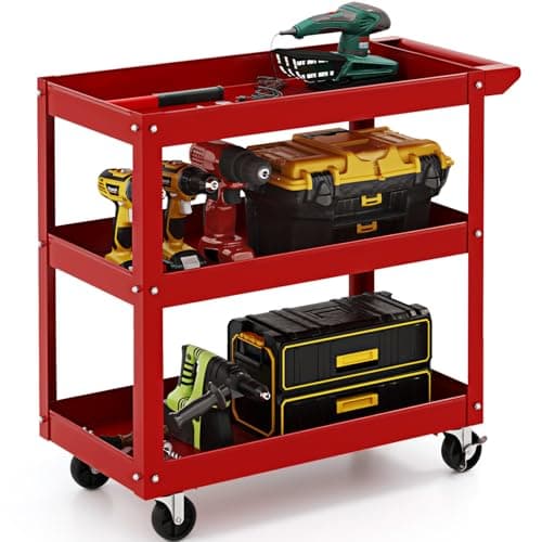 Image of TANGZON 2/3-Tier Rolling Tool Cart, Utility Service Cart with Towel Rack Handle & Wheels, Heavy-duty Steel Mobile Tool Storage Garage Trolley Shelves (Red, 3 Tier, 79x38x76cm)
