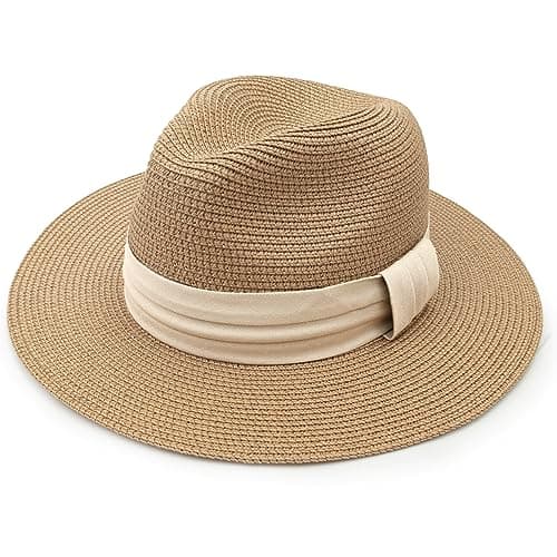 Image of DRESHOW Women Wide Brim Straw Panama Roll up Hat Fedora Beach Sun Hat UPF 50+