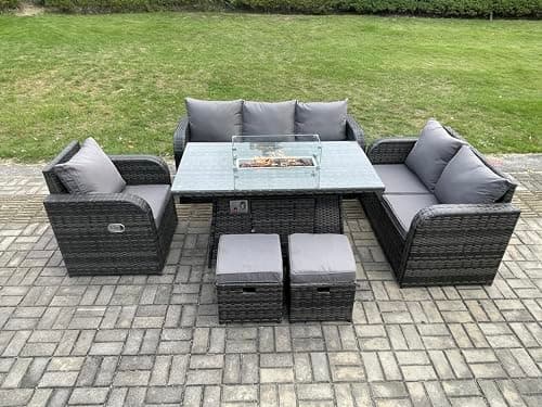 Image of FMSGarden Wicker Rattan Garden Furniture Set with Fire Pit Table 8 Seater Outdoor Lounge Sofa Set Dark Grey Mixed