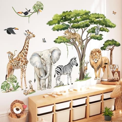 Image of decalmile Large Safari Animals Tree Wall Stickers Jungle Animals Giraffe Elephant Lion Leopard Wall Decals Baby Nursery Kids Room Wall Decor(XXL)