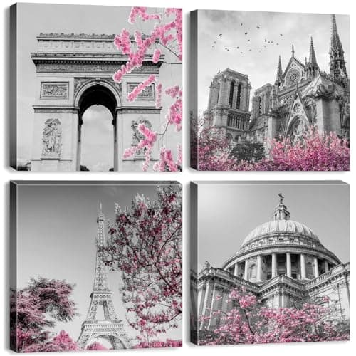Image of 4Pcs Paris Canvas Wall Art Nature Pink Flowers Canvas Prints for Living Room Black and White City Botanical Pictures Cherry Blossoms Tree Cityscape Artwork for Bedroom Office Home Decoration 12x12"