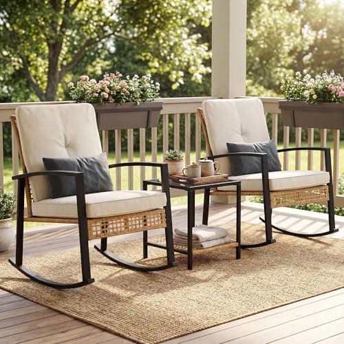 Image of ROCSUMOO Outdoor Rocking Chair Bistro Set 3 Pieces, PE Rattan Garden Furniture Set with Cushions&Pillows&Glass Coffee Table, Anti-Slip &Ergonomic Rocking Chairs for Patio, Porch, Balcony, Conservatory