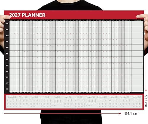 Image of 2027 Wall Planner A1 Full Year to View - Large 84cm x 59cm Calendar Foldable to A4 - Ideal for Home, Office, School & Planning (Red)
