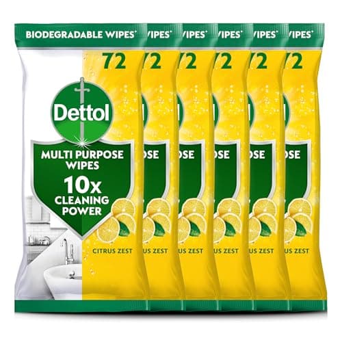 Image of Dettol Antibacterial Multipurpose Cleaning Wipes, Citrus Zest, 70 pack (6 x 72, Total 432 Wipes) Disinfectant, Biodegradable, 10x Cleaning power vs Water alone, Kills 99.9 Percent of Germs