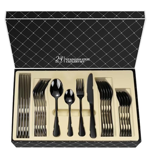 Image of Black Cutlery Set, 24-Piece Flatware Set Stainless Steel Knife and Fork Set with Gift Box, Mirror Polished, Dishwasher Safe & Durable Dinnerware Set for Home Entertaining Christmas, Service for 6