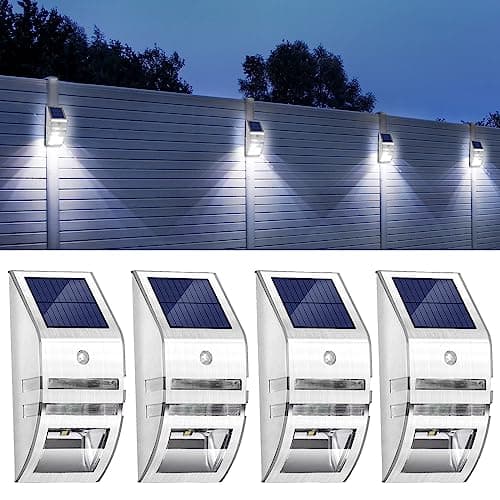 Image of NEWNEN Outdoor Solar Lights with Motion Sensor:4 Pack Stainless Steel Wall Lights IP65 Waterproof Wireless Installation Perfect for Garden Fence Front Door Security Yard Lighting