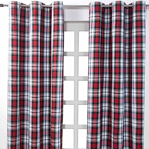 Image of HOMESCAPES Pair of 100% Cotton Curtains - Macduff Tartan Check - Red Green White - 137 x drop 182 cm - 72 Inch Drop - Eyelet Ring Top Hand Woven - Heavy Not Lined