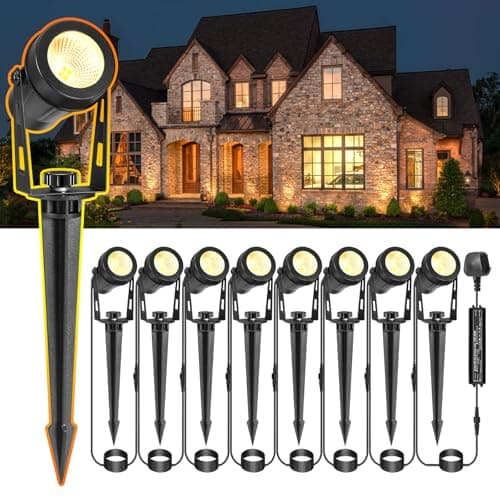 Image of GreenClick Garden Lights Mains Powered, Upgrade 8in1 27m/88.58ft Spike Lights, Garden Spotlights Mains Powered IP65 Waterproof, 12V Low Voltage LED Uplighter for Yard Lawn Tree Path Patio
